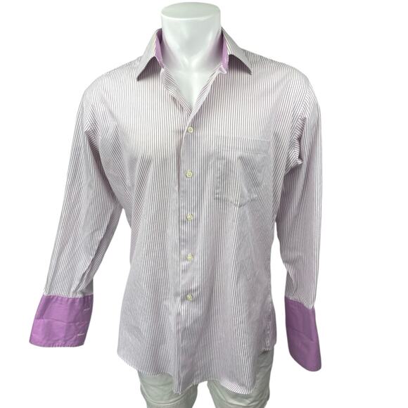 Egara Men's White Purple Striped Long Sleeve Collar Button Pocket Shirt Top 16 - Picture 1 of 3
